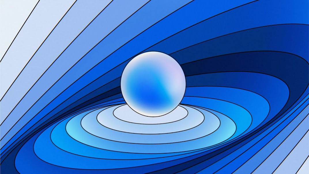 Abstract image of a sphere in the middle of twisted concentric circles in gradients of blue.