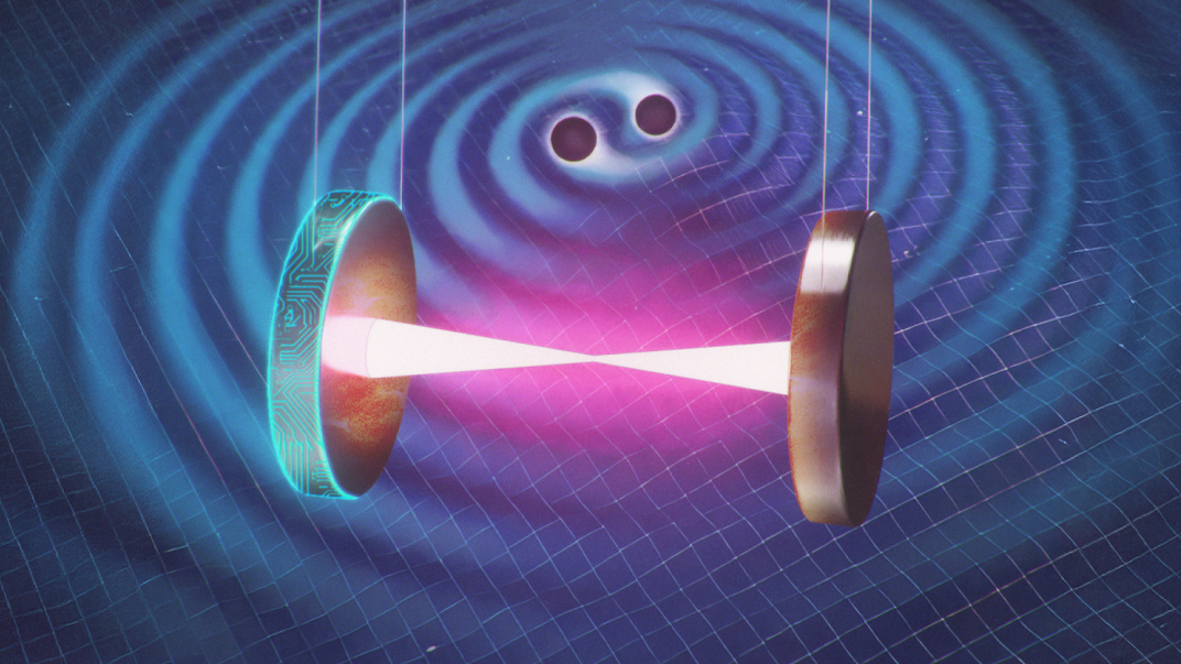 An artist's illustration of how gravitational wave observatories are used to peer into the universe. In the background, two orbiting black holes distort the fabric of spacetime, sending out gravitational waves. In the foreground, a conceptual detector, much like LIGO, uses a laser beam between two mirrors to measure these infinitesimal disturbances, unveiling the secrets of cosmic collisions.