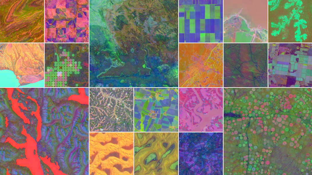 False-color imagery from AlphaEarth Foundations revealing diverse land patterns and structures.